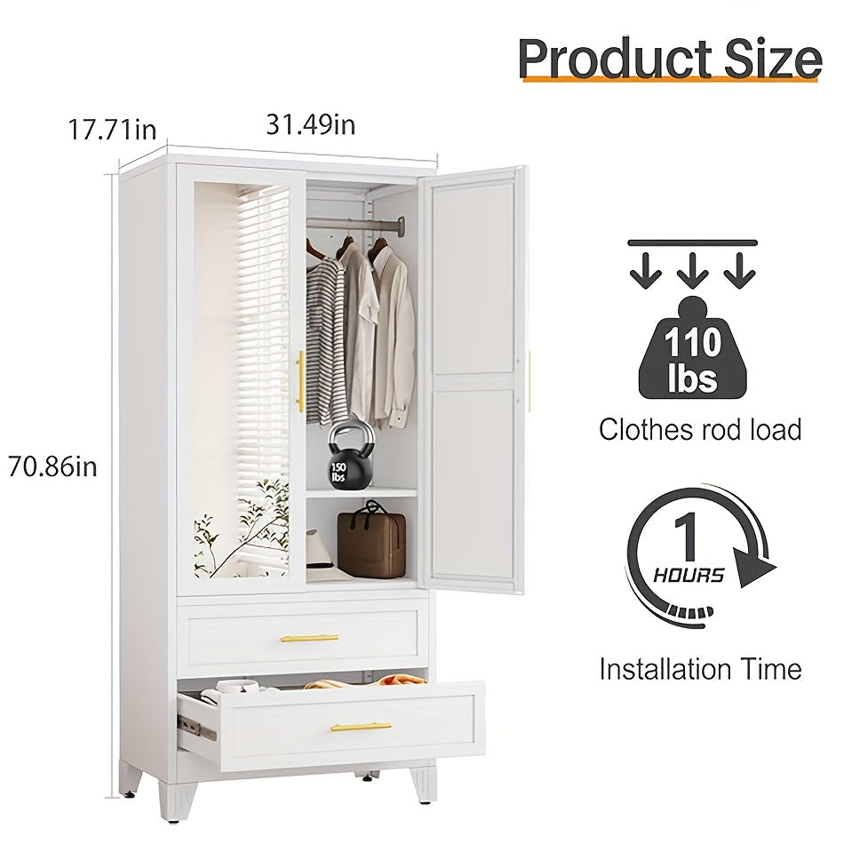 71 Inch Metal Wardrobe with Mirror, 2 Drawers, Adjustable Shelves And Hangers, Clothing Storage Cabinet for Bedroom