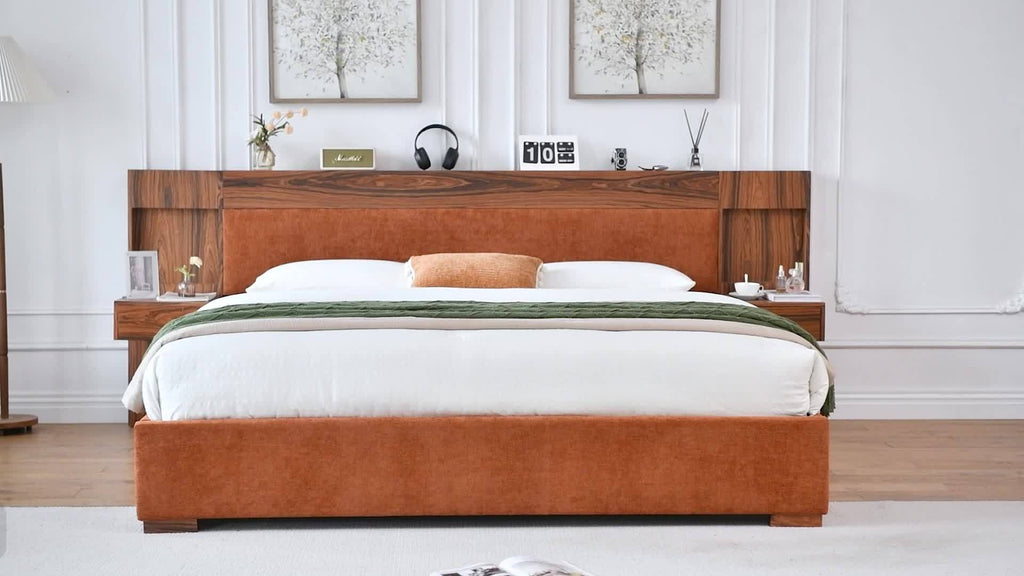 King\u002FQueen Size Wood Platform Bed Frame with Hotel-Style Linen Upholstered Headboard, Nightstands & 2 Large Drawers & Storage Headboard, Wood Slat Support, No Box Spring Needed, Easy Assembly, Ocher\u002FCream