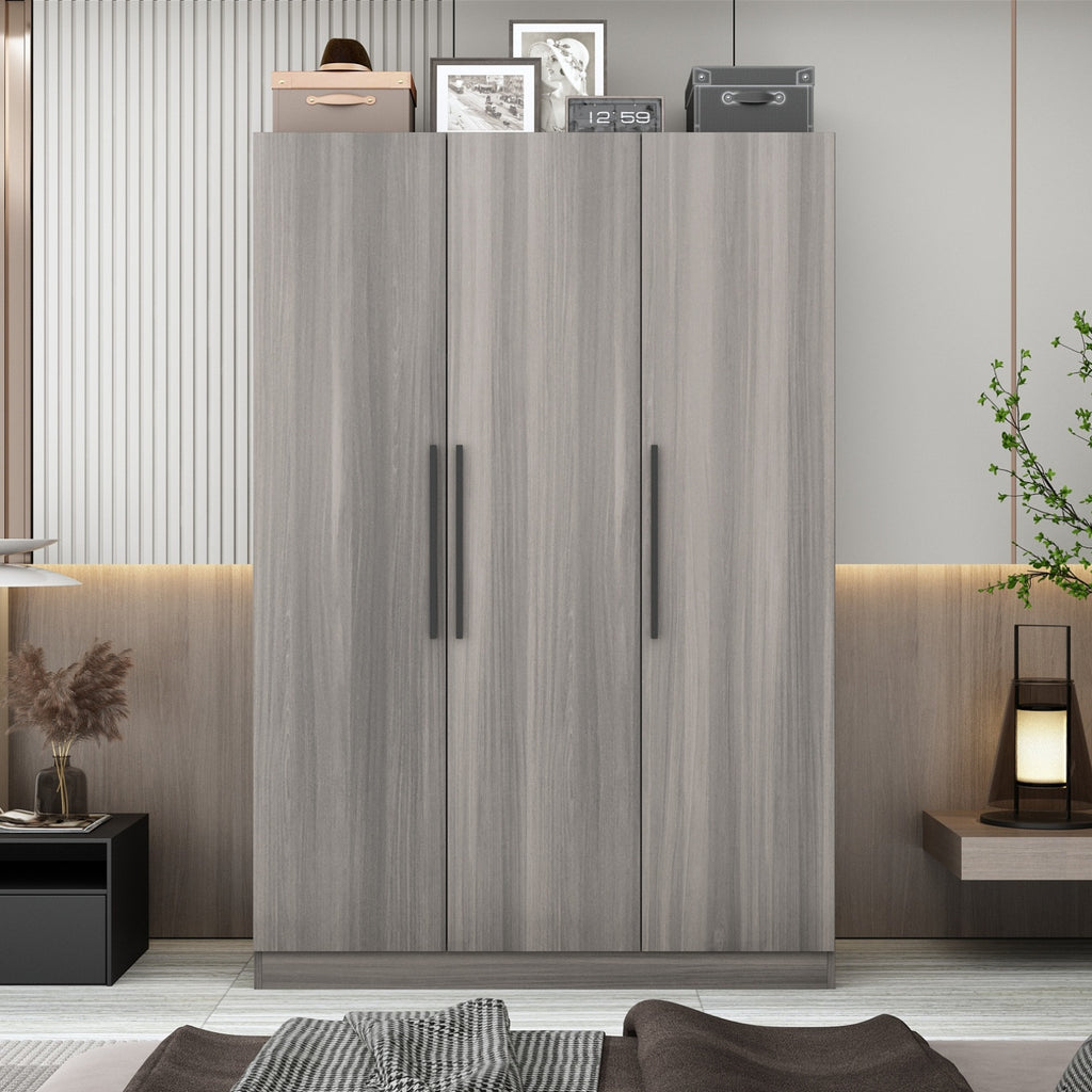 Modern 3-Door Wood Armoire Wardrobe Closet for Clothes Storage, with 6 Compartments And Hanging Rod, Wardrobe Closet with Handles for Bedroom, Large Storage Capacity, Grey Brown And White Styles