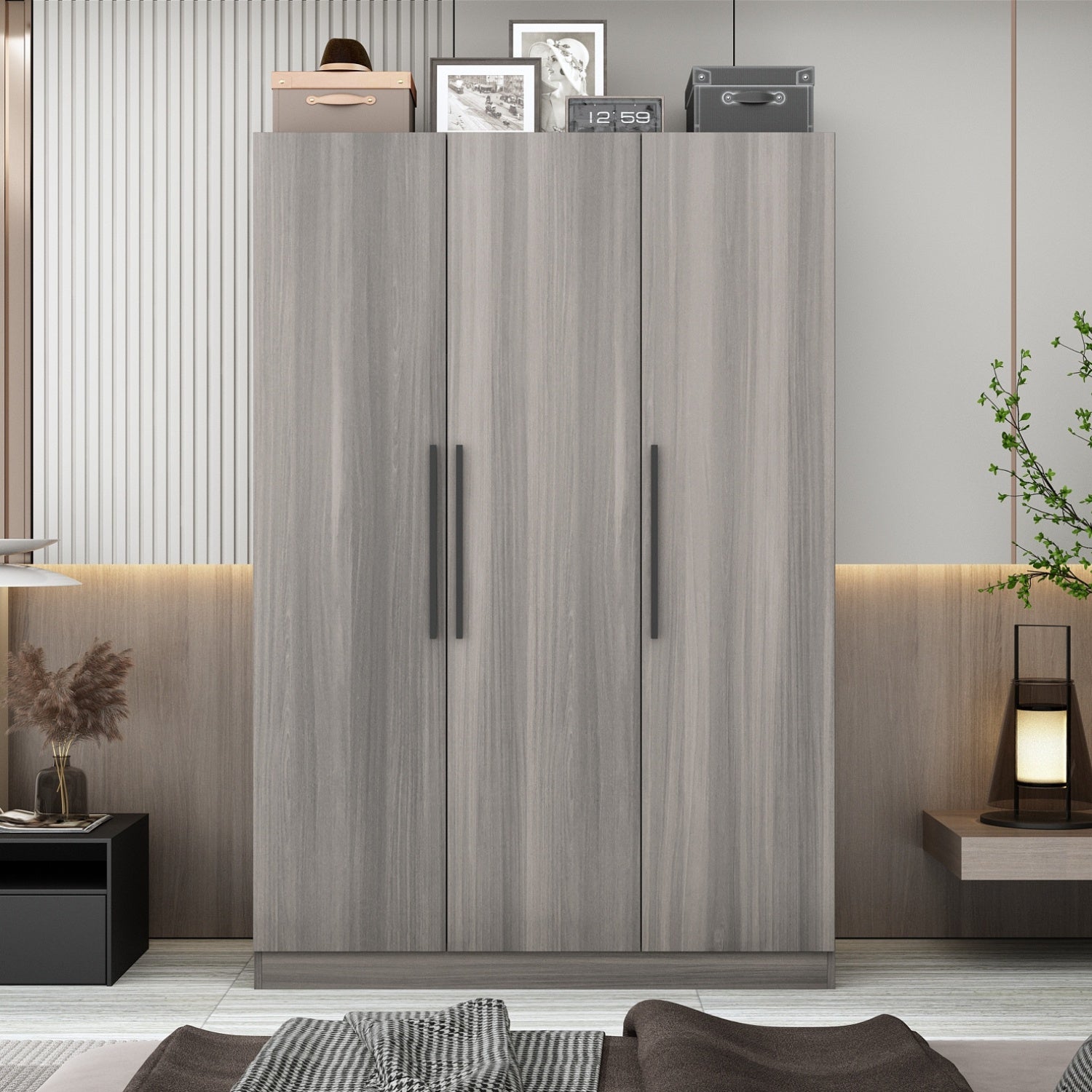 Modern 3-Door Wood Armoire Wardrobe Closet for Clothes Storage, with 6 Compartments And Hanging Rod, Wardrobe Closet with Handles for Bedroom, Large Storage Capacity, Grey Brown And White Styles