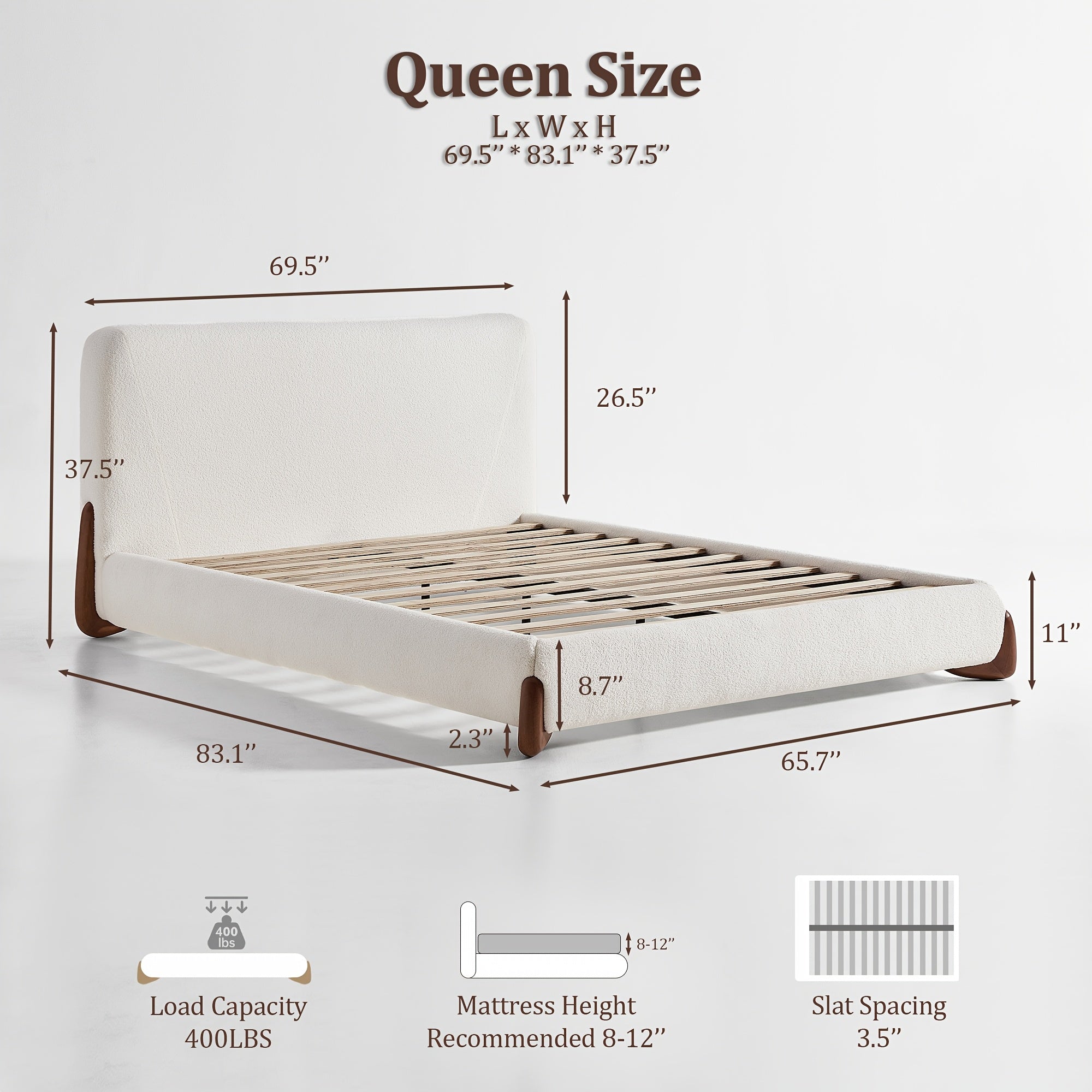 Boucle Upholstered Bed Frame, Noise-Free Queen Size Platform Bed with Solid Wood Legs, No Box Spring Needed, Modern Low Profile Bed Frame with Headboard for Bedroom, Black\u002FWhite