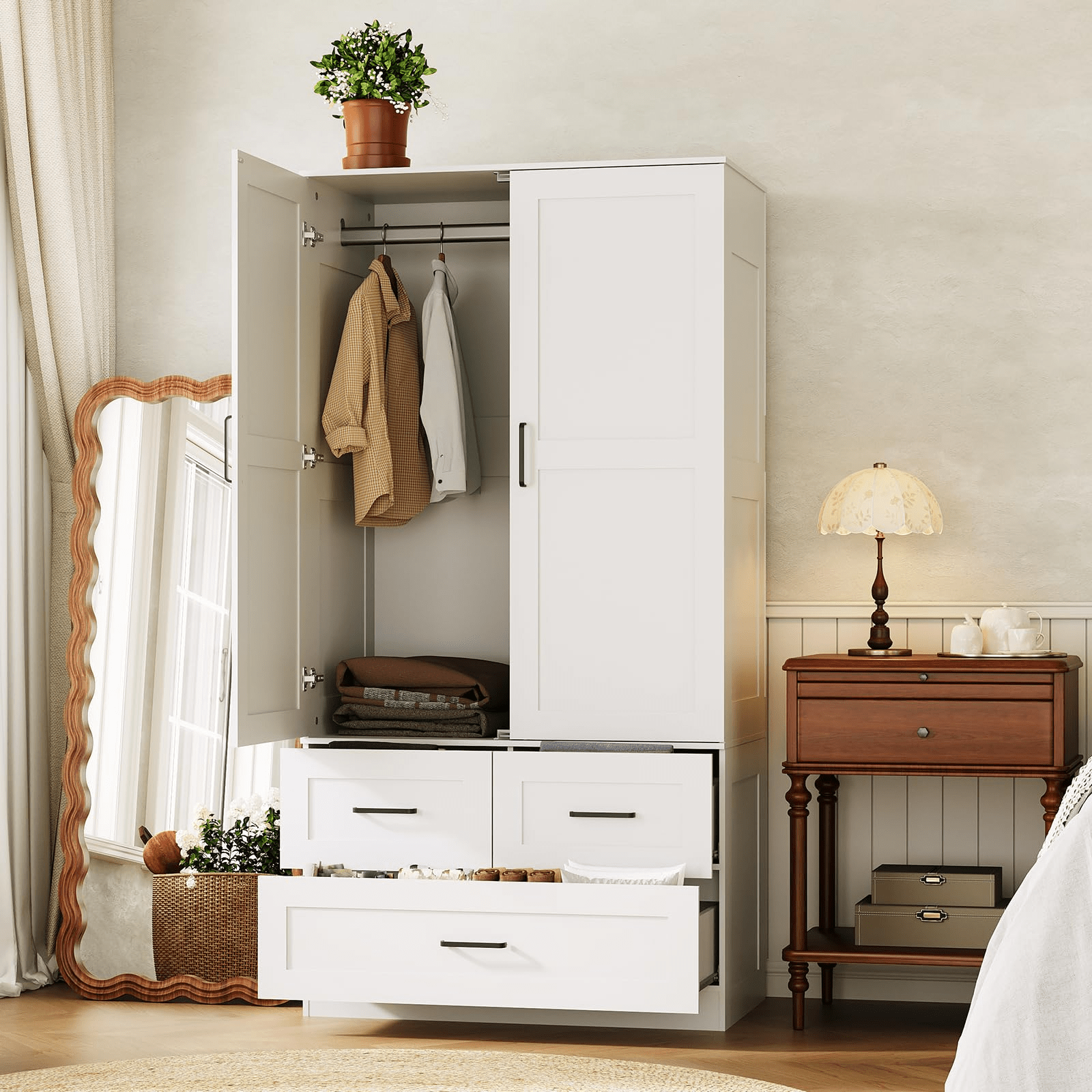 A 70-Inch Standalone Wooden Closet Designed for Bedrooms, Featuring Hanging Rods And Three Spacious Drawers, Ideal for Efficient Clothing Storage