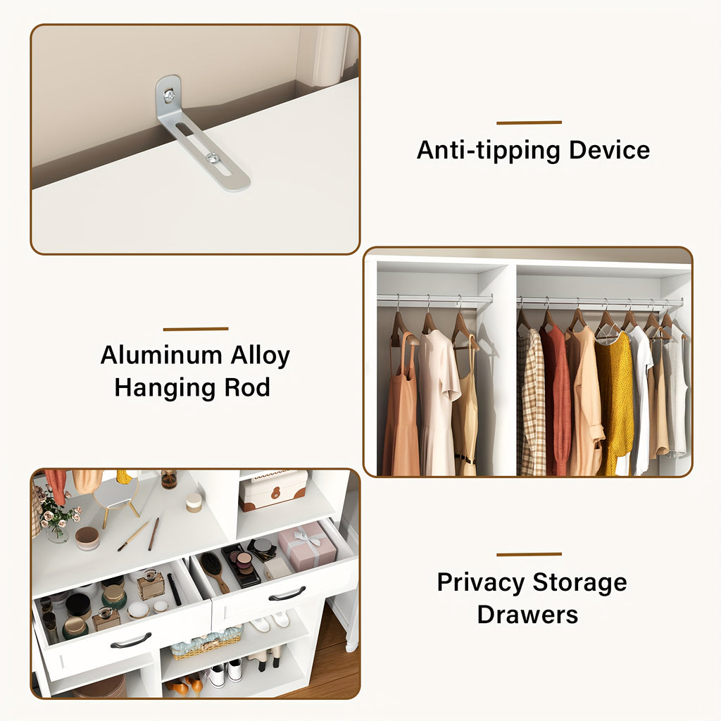 Bedroom Tall Wardrobe with Adjustable Shelves And 2 Drawers, Armoire Wardrobe Closet with 2 Hanging Rods, Wooden Bedroom Closet for Home Room, White Large Armoires with Storage Compartment, 81\
