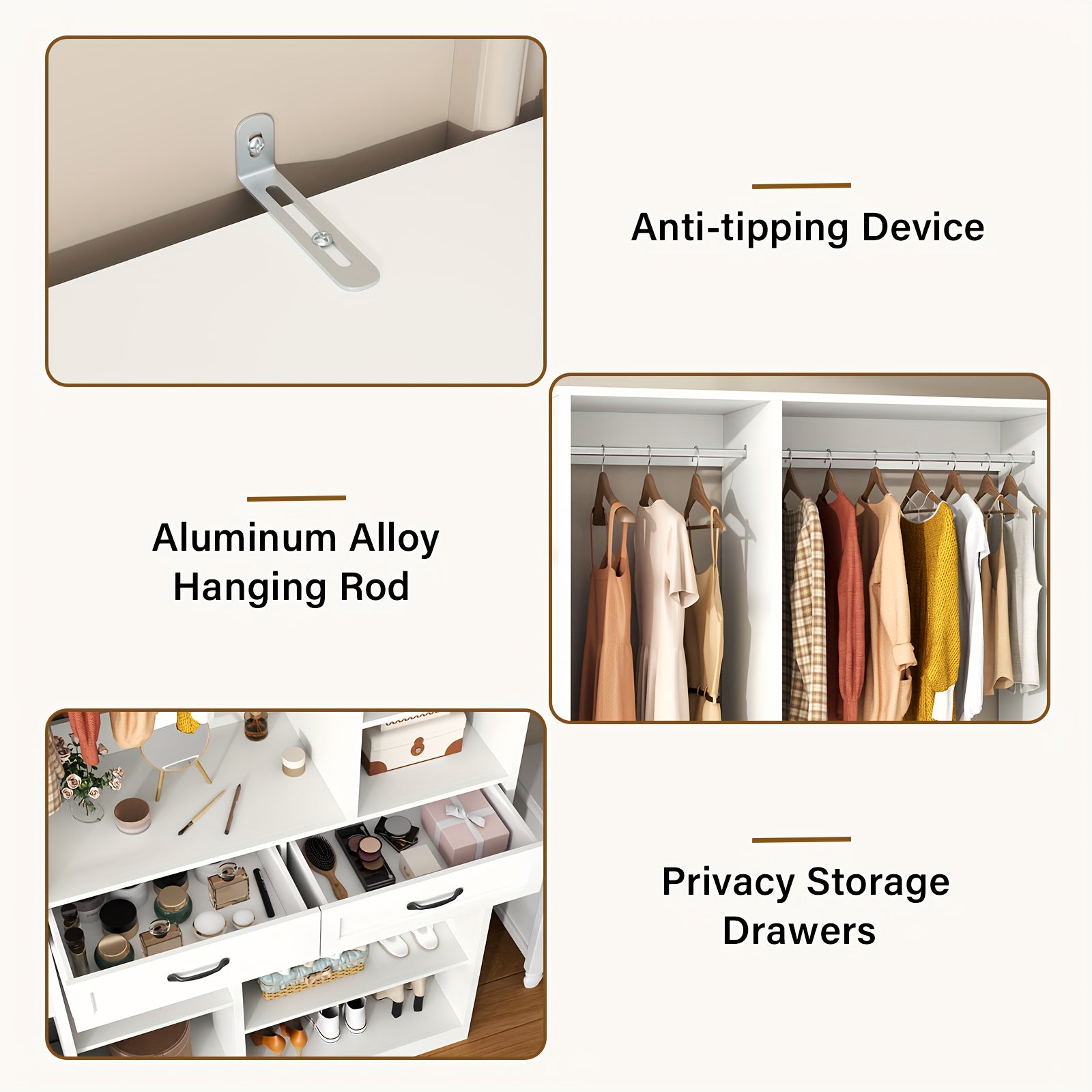 Bedroom Tall Wardrobe with Adjustable Shelves And 2 Drawers, Armoire Wardrobe Closet with 2 Hanging Rods, Wooden Bedroom Closet for Home Room, White Large Armoires with Storage Compartment, 81\