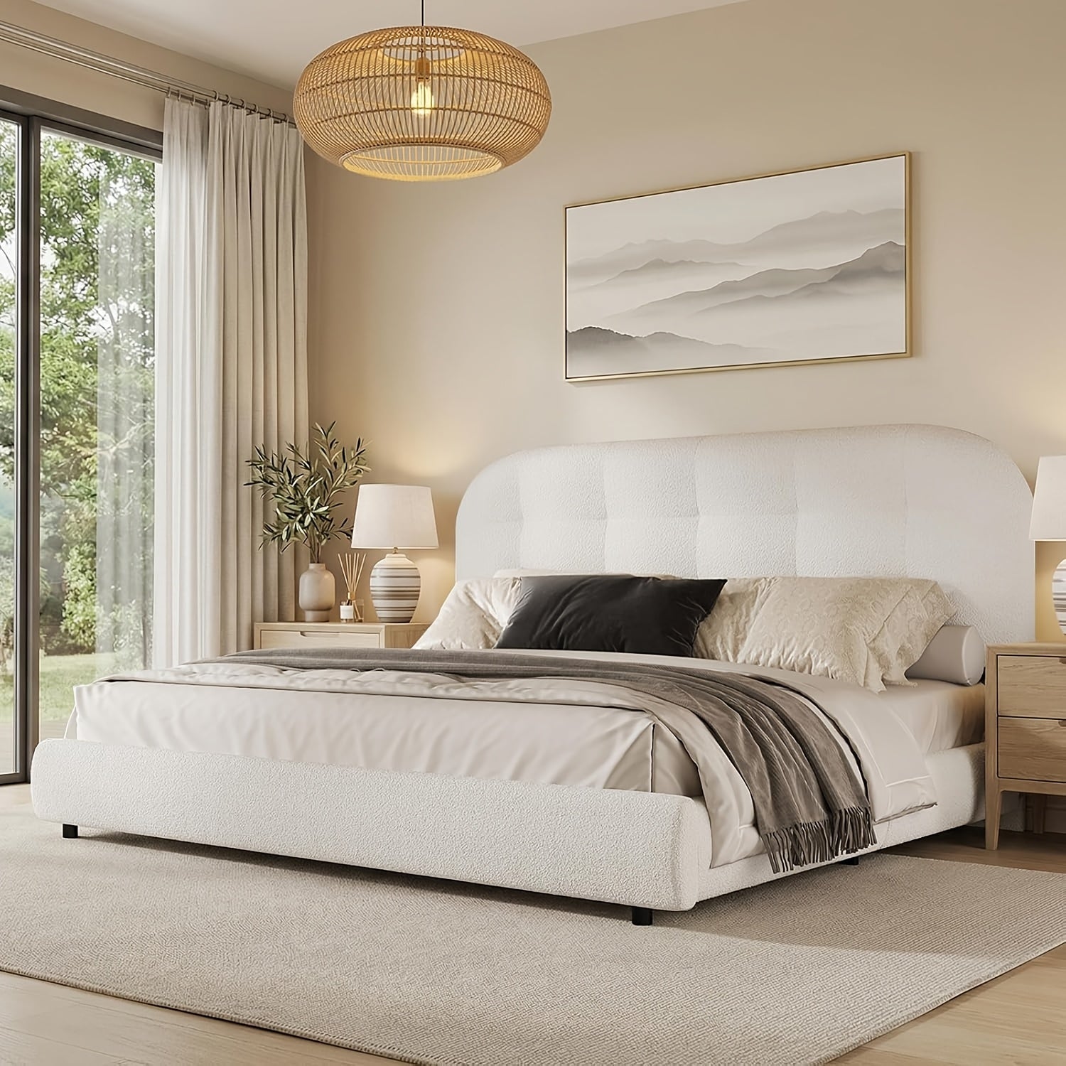 Hombck Twin Full Queen King Size Bed Frame, Upholstered Boucle Bed Frame King Size with Headboard, Soft Cloud Bed Frame with Thickened Footboard, Rounded Corners, No Box Spring Required, Easy Assembly, Cream\u002FWhite