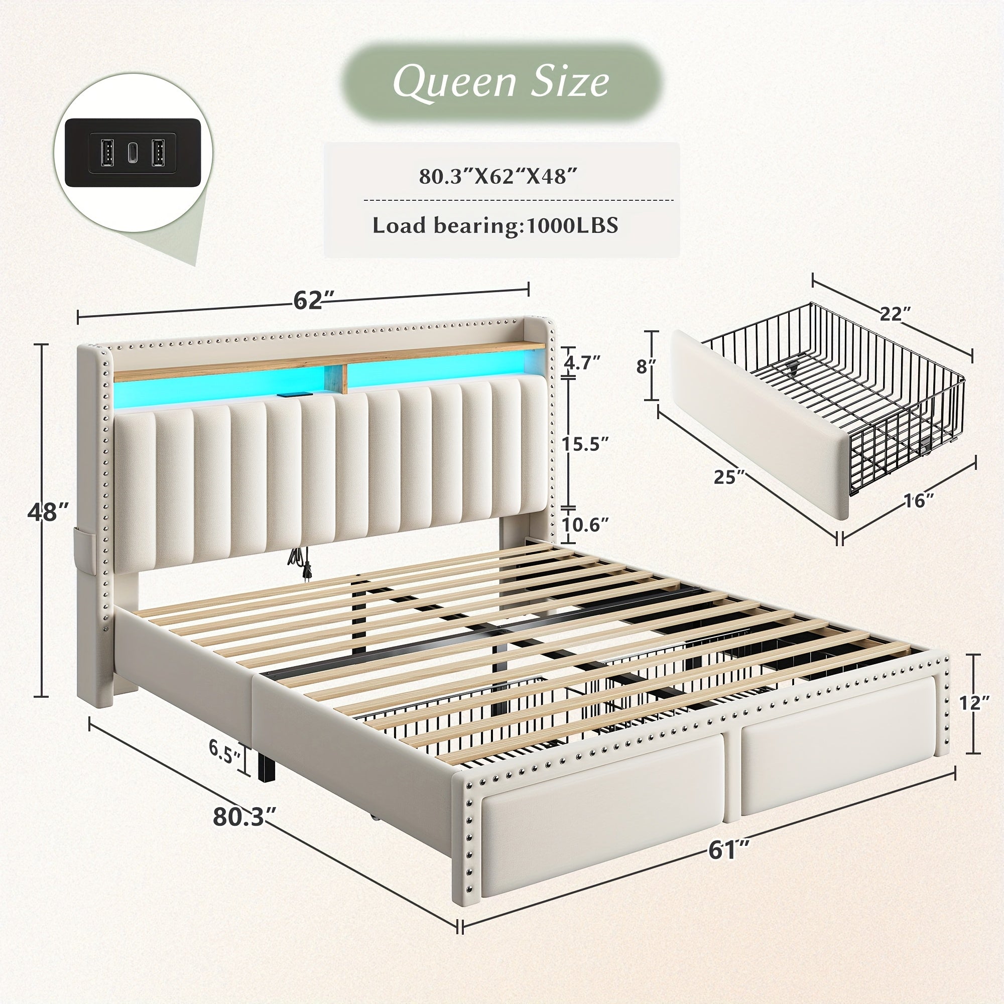 EnHomee Full&Queen&King Size, Bed Frame With 2-Tier Storage Headboard, With Charging Station, LED Light Platform Bed Frame, 2 Storage Drawers For Storing, Sturdy Wooden Slats Support, Noise-Free, No Box Spring Needed, Beige
