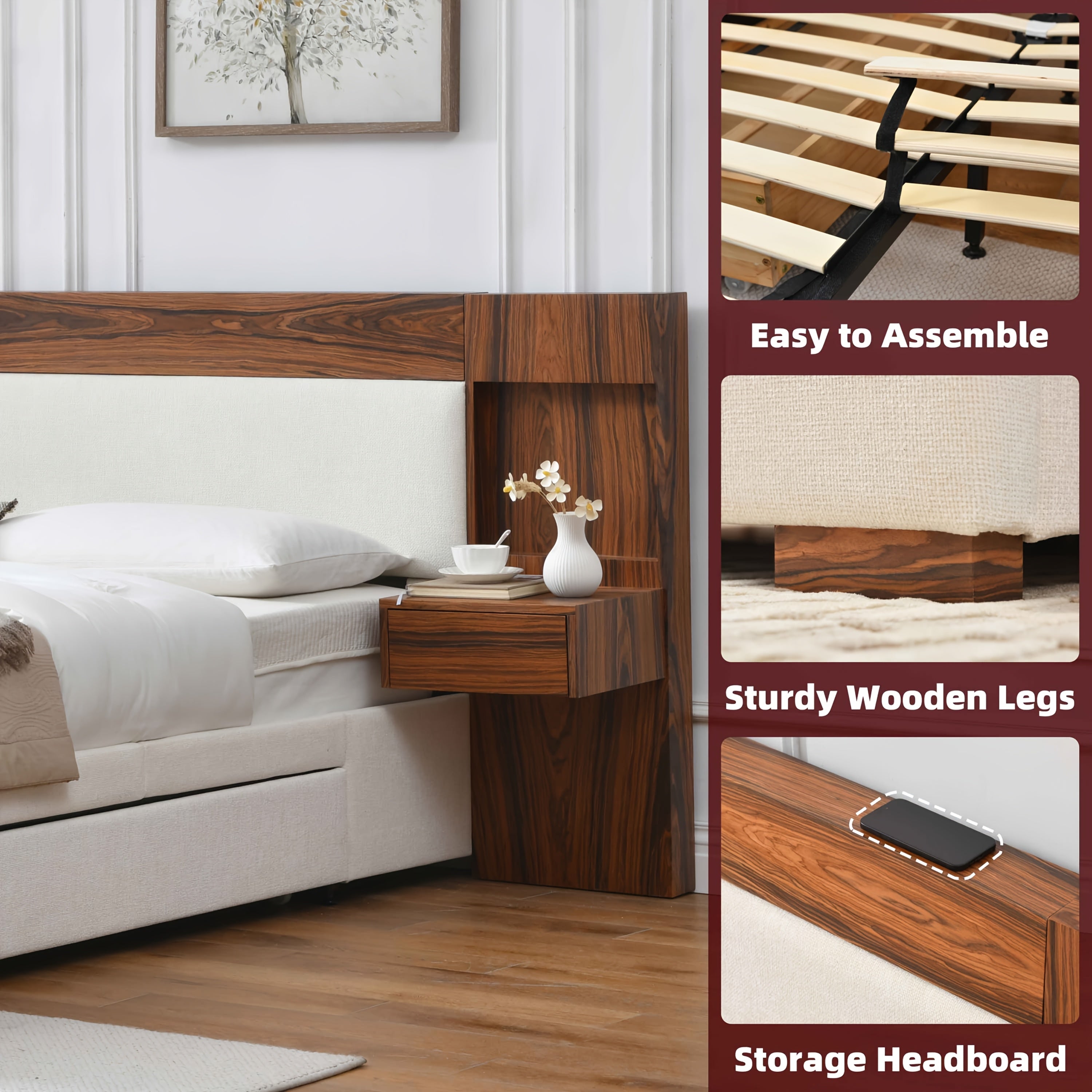 King\u002FQueen Size Wood Platform Bed Frame with Hotel-Style Linen Upholstered Headboard, Nightstands & 2 Large Drawers & Storage Headboard, Wood Slat Support, No Box Spring Needed, Easy Assembly, Ocher\u002FCream