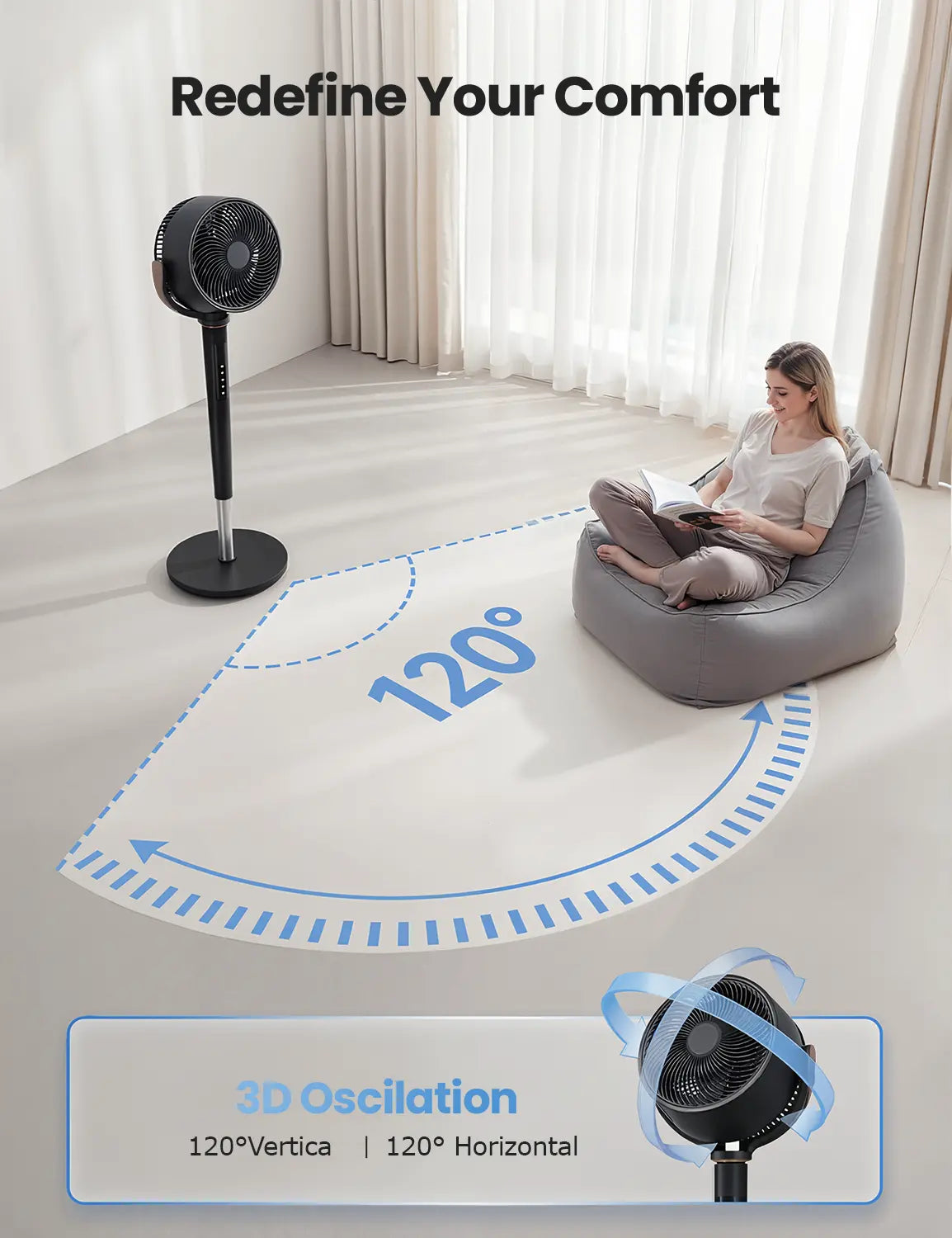 Fan for Bedroom, 120° Oscillating Standing Fan, DC Motor Quiet Floor Fan